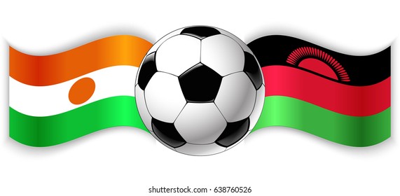Nigerien and Malawian wavy flags with football ball. Niger combined with Malawi isolated on white. Football match or international sport competition concept.