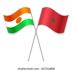 Nigerien and Moroccan crossed flags. Niger combined with Morocco isolated on white. Language learning, international business or travel concept.