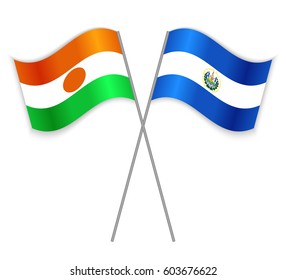 Nigerien and Salvadoran crossed flags. Niger combined with El Salvador isolated on white. Language learning, international business or travel concept.