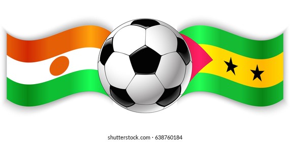 Nigerien and Sao Tomean wavy flags with football ball. Niger combined with Sao Tome and Principe isolated on white. Football match or international sport competition concept.