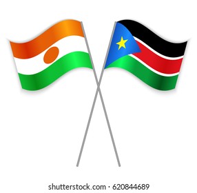 Nigerien and South Sudanese crossed flags. Niger combined with South Sudan isolated on white. Language learning, international business or travel concept.