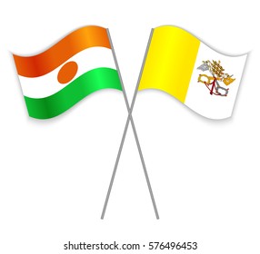 Nigerien and Vatican crossed flags. Niger combined with Vatican City State isolated on white. Language learning, international business or travel concept.