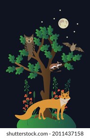 Nigh nature vector plants and animals