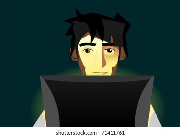 Nigh worker. Man sitting in front of monitor at night