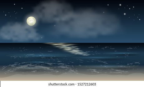 Nighr sea landscape background. Waves, full shiny moon, stars and cluods on dark sky. For cartoon or game scene, mobile screen design or wallpapers. Vector illustration