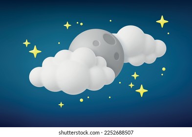 Luna 3D nocturna en nubes y estrellas. Cielo y planeta plastificado realista, estrella amarilla y nube. Composición soñadora, concepto de estrella vectorial