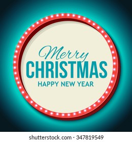 Night 3D sign neon lights with the words Merry Christmas. Retro frame with lights and empty place for your text. Vintage billboard on the night sky. Vector illustration