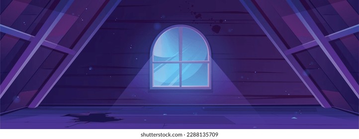 Night abandoned attic broken room interior vector background. Cartoon dark loft inside building with window and moonlight sparkles beam through glass. Hole on floor and wooden wall on desolate mansard