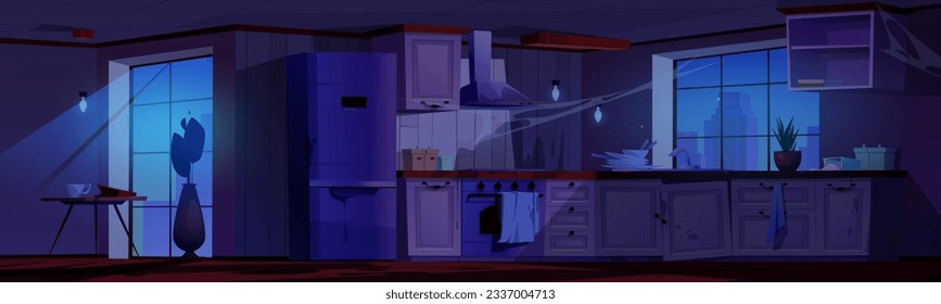 Interior de cocina abandonada por la noche con caricatura de mesa. Casa rústica dentro con nevera, armario roto, capucha, muebles sucios y telaraña. La luz de la luna y el paisaje urbano desde la ventana en el caos