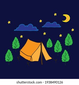 Night Adventure Awaits: Convey the spirit of nocturnal adventure with this illustration. The campsite, surrounded by a starry sky, invites viewers to explore the wonders of the night