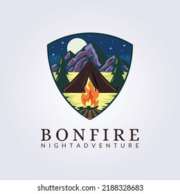 night adventure camp bonfire logo vector illustration design vintage style badge