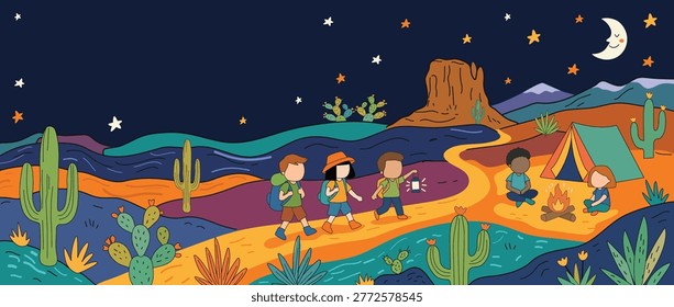 night adventure desert background for kid holiday vacation, jungle safari zoo banner , cartoon vector wall art