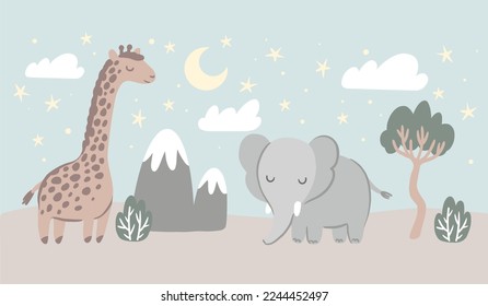 Noche en safari africano, animales durmientes, ilustración de vector dibujada a mano para el mural de la habitación infantil