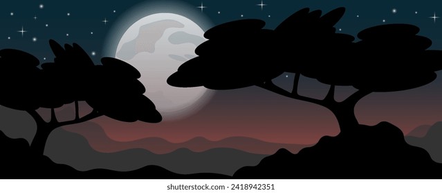 Night African savanna landscape, twilight view of African wild nature, cartoon background with road, trees, rocks, with full moon. Night time Kenya, Vector