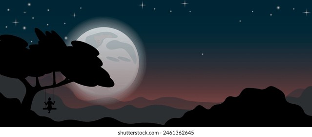 Night African savanna landscape, twilight view of African wild nature, cartoon background with road, trees, rocks, with full moon. Night time Kenya, Vector