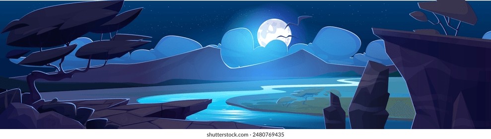 Night African savannah landscape with river. Vector cartoon illustration of dark valley with grassland and hills, full moon glowing in starry sky with clouds, birds flying, trees growing on rock