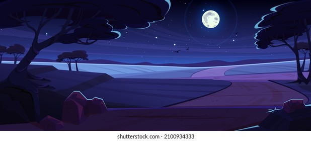 Night African savannah landscape, wild nature of Africa twilight view, cartoon background with road, trees, rocks and birds flying in starry sky with full moon. Kenya nighttime, Vector illustration