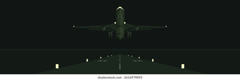Night airplane takeoff vector illustration. Front view of aircraft leaving dark runway with lights. Minimal modern scene of aviation, travel or departure concept	