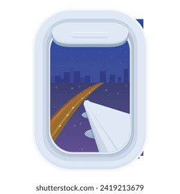 Vector de dibujos animados de la vista de la ventana del avión nocturno. Descubra las vacaciones en jet. Cabina interior