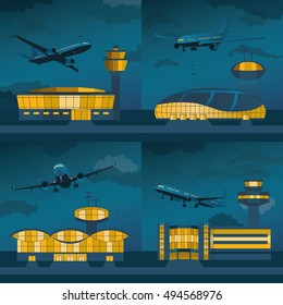 Night airport building set with control towers ans planes. Flat design. Vector Illustration