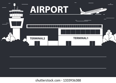 Night airport. Landing terminal mingled bushes and trees observation tower, radar. Over the airport, the plane takes off, it flies among the clouds. Copy space.