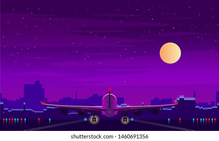 Night airport with takeoff of the plane. Night sky, landscape with building. Vector background.