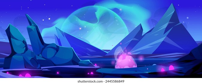 Night alien planet landscape space game background. Fantasy neon galaxy scene with starry sky. Outer cosmic and extraterrestrial wallpaper with mountain and flying sparkle. Blue fantastic universe