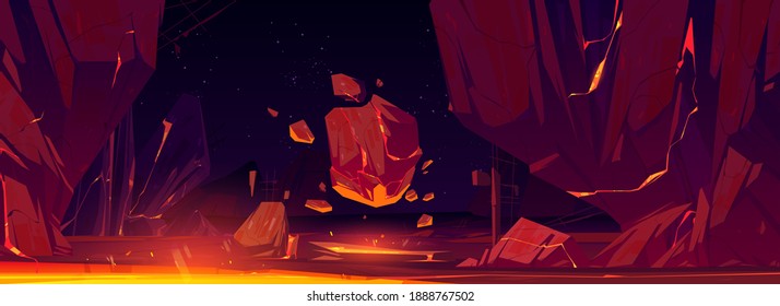 Night alien planet space landscape with rocks and glow lava in cracks. Extraterrestrial mountains panoramic view with stars on sky, pc game background, cosmos exploring, Cartoon vector illustration