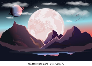 Night alien space landscape with mountains and moon. Vector illustration. Starry sky.