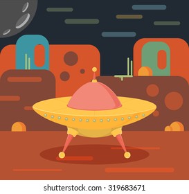 Night alien world landscape and ufo spaceship