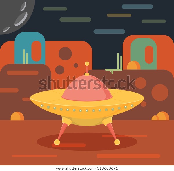 Night alien world\
landscape and ufo\
spaceship