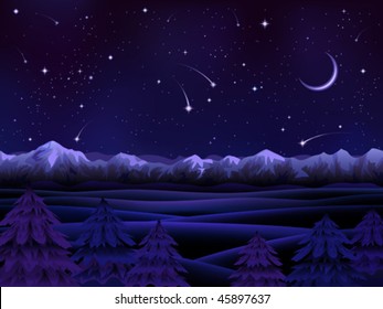 Night alpine scenery with evergreen firs