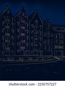 Night Amsterdam. Sketch of one of the streets along the river.