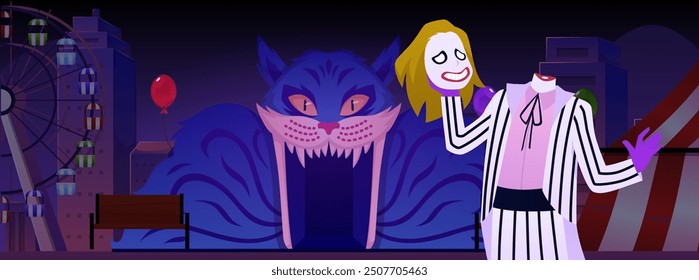 Night amusement park. Beetlejuice in a striped suit holds his head in his hand. Attraction house is made in the shape of a blue Cheshire cat with fangs. Carnival of fear. Halloween Vector illustration