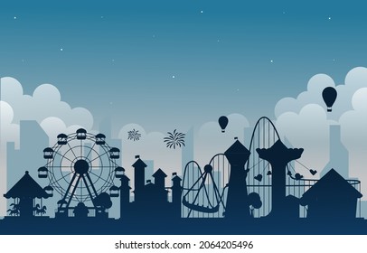 Night Amusement Park Fun Fair Carnival Flat Vector Illustration