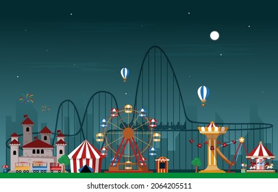 Night Amusement Park Fun Fair Carnival Flat Vector Illustration