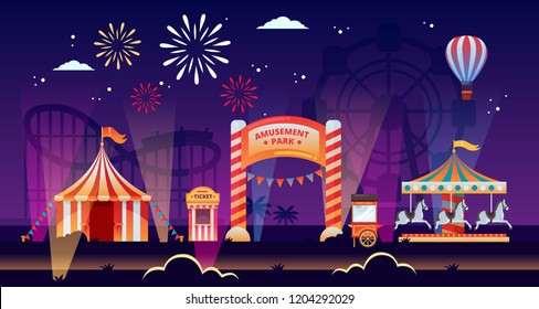 Night amusement park vector illustration. Fun luminous carousels, circus, fair in park. Carnival, festival and entertainment themes background.