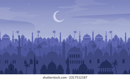 Night ancient arab city in desert landscape. Muslim village with traditional market cityscape. Mosque and house silhouettes. Old arabian cityscape