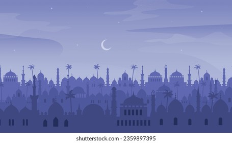 Night ancient arab city in desert landscape. Muslim village with traditional market cityscape. Mosque and house silhouettes. Old arabian cityscape