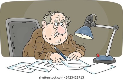 At night angry and vile snitch writing his insidious false denunciation under the lamp at his table, vector cartoon illustration isolated on white