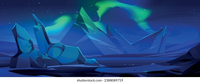 Night antarctic landscape with aurora borealis. Vector cartoon illustration of iceberg pieces floating on sea water, colorful northern lights glowing in sky, north pole, winter game landscape design