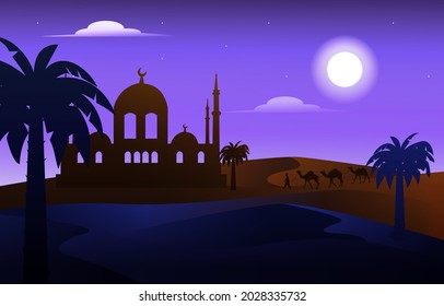 Night Arabic Desert Camel Caravan Muslim Islamic Culture Illustration
