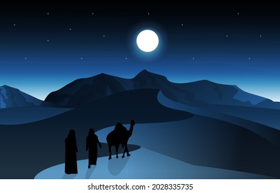 Night Arabic Desert Camel Caravan Muslim Islamic Culture Illustration