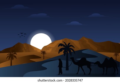 Night Arabic Desert Camel Caravan Muslim Islamic Culture Illustration