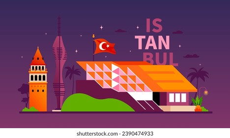 Night architecture of Istanbul - modern colored vector illustration with dark streets of Turkish city. Galata Kulesi, Ozyegin university and Chamlija TV Tower, national red flag with moon and star