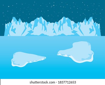 Night Arctic ice landscape with iceberg mountains and blocks, colorful design, vector illustration