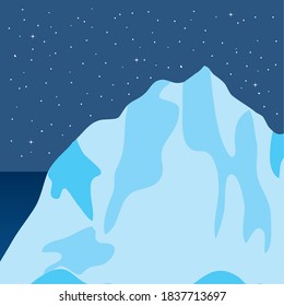 night arctic landscape with iceberg block, colorful design, vector illustration