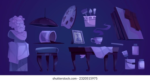 Sala de estudio de arte nocturno con un juego de pintura interior de acero. Clase de taller de artistas muebles aislados clipart ilustración vectorial. Diseño de caricaturas en aula de la escuela de dibujo con icono de escultura, marco y pinturas