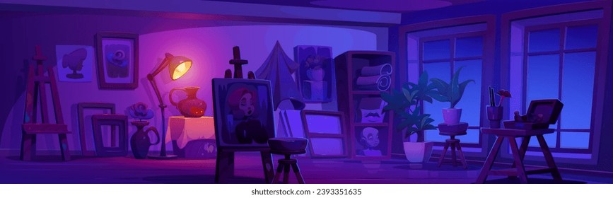 Night art studio room interior with equipment. Vector cartoon illustration of dark artist workshop with furniture, sculptures and painting canvas on shelf, wooden easel and paint tubes, lamp, windows