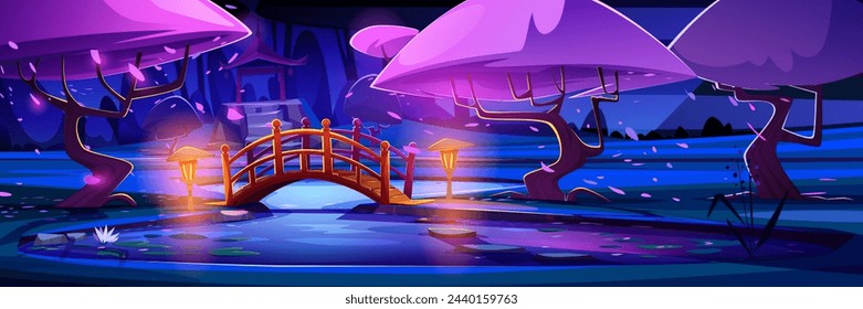 Parque asiático nocturno con sakura y puente de madera. Ilustración de dibujos animados del vector del día hermoso en el jardín japonés con la floración del cerezo, pétalos rosados que vuelan en el aire, flores de loto en el agua